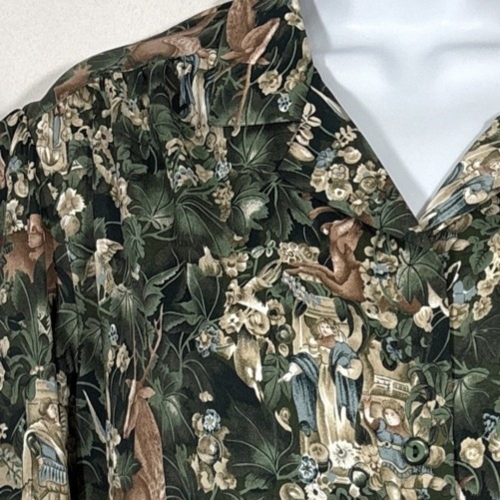 Vtg 70s Alex Colman Neoclassical Print Blouse Deer Mythical Forest Sz 14